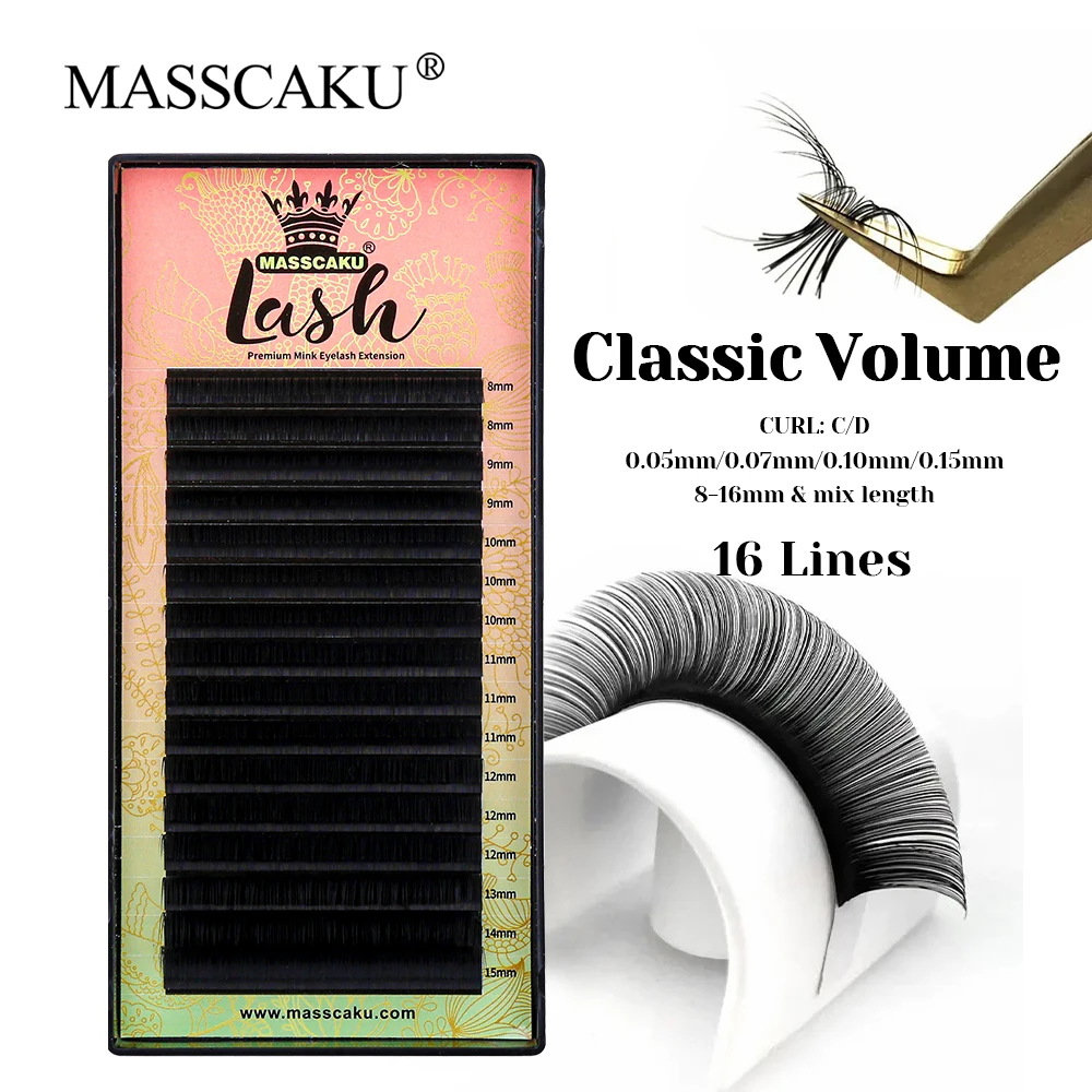 

16 Lines MASSCAKU Matte Black Classic Regular Eyelashes 0.05/0.07/0.10/0.15mm Thickness Fluffy Russian Volume Eyelash in Stock