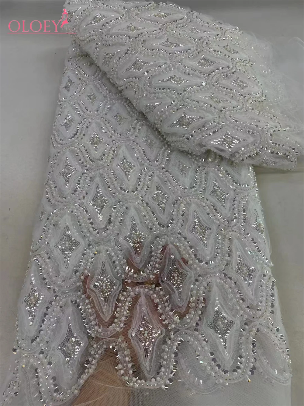 Fashion Elegant French Embroidery Beaded Lace Fabric African Nigerian With Sequins Fabric For Wedding Dress