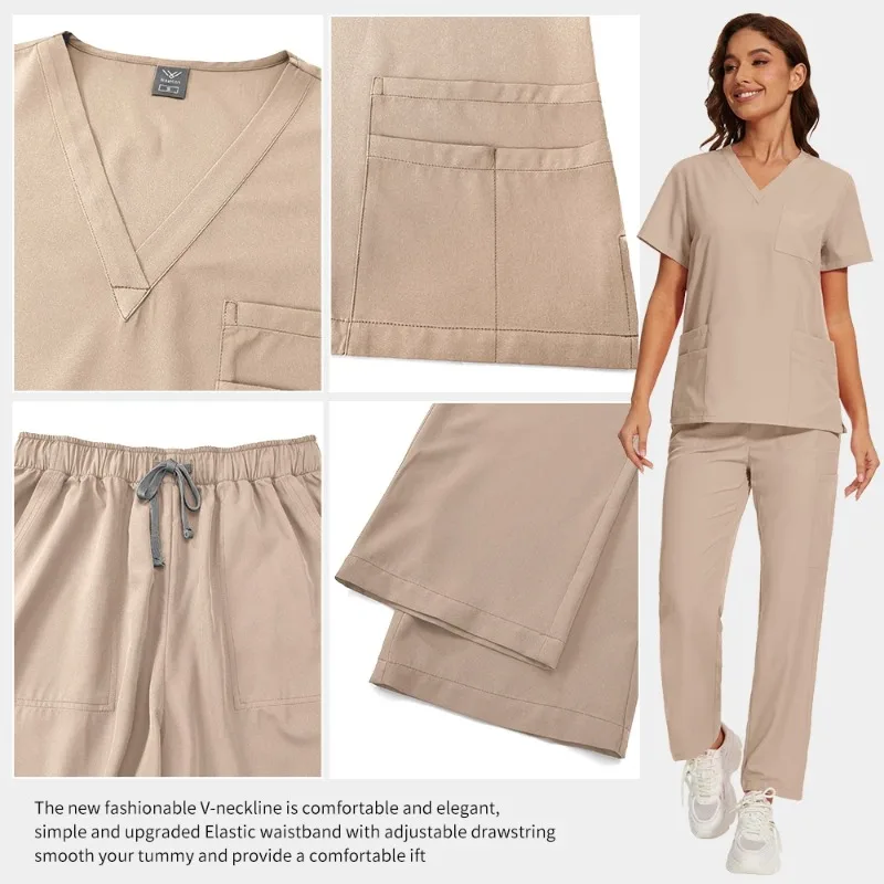 Elastic V-neck Short Sleeved Tops Pants Suit Operating Room Surgical Uniform Wholesale Dental Veterinary Scrub Set Work Uniforms