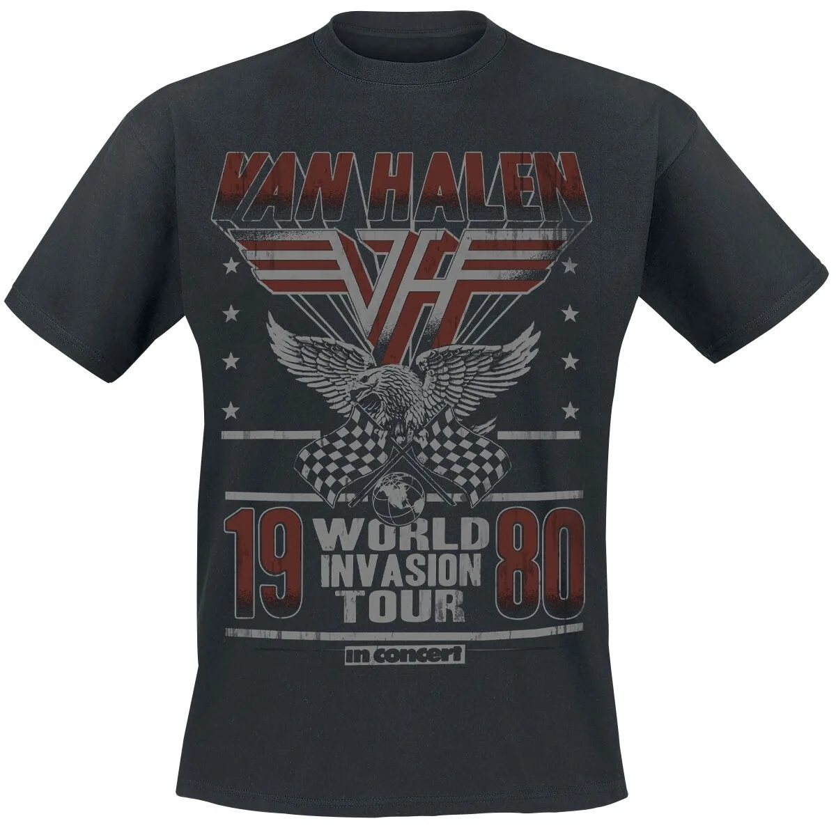 Camiseta de la gira World Invasion de Van Halen de 1980, camiseta de hard rock con estampado de águila y bandera de carreras, mercancía para fanáticos de Van Halen