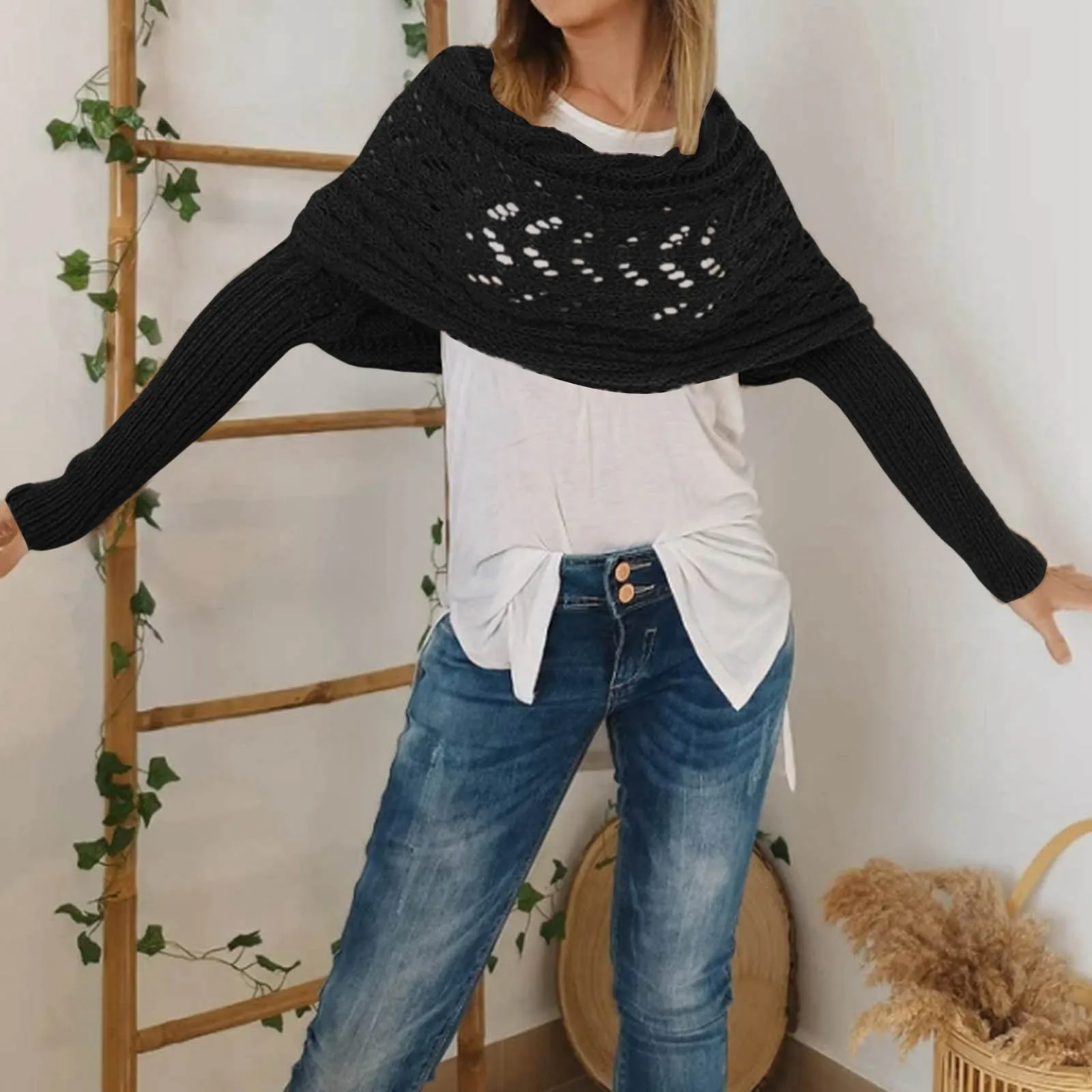 Autumn Winter Women Knitted Shawl Scarf Twist Long Sleeve Outdoor Warm Soft Hollow Out Crop Top Shawl Scarf