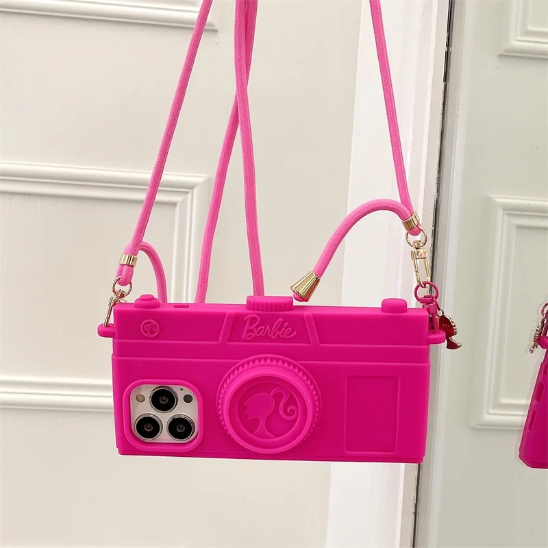 Pink Barbie Handbag Camera Phone Case For iPhone 15Pro Max 11 12 13 14 15 Pro Max 14Pro Fashion Messenger Bag Girls Cover