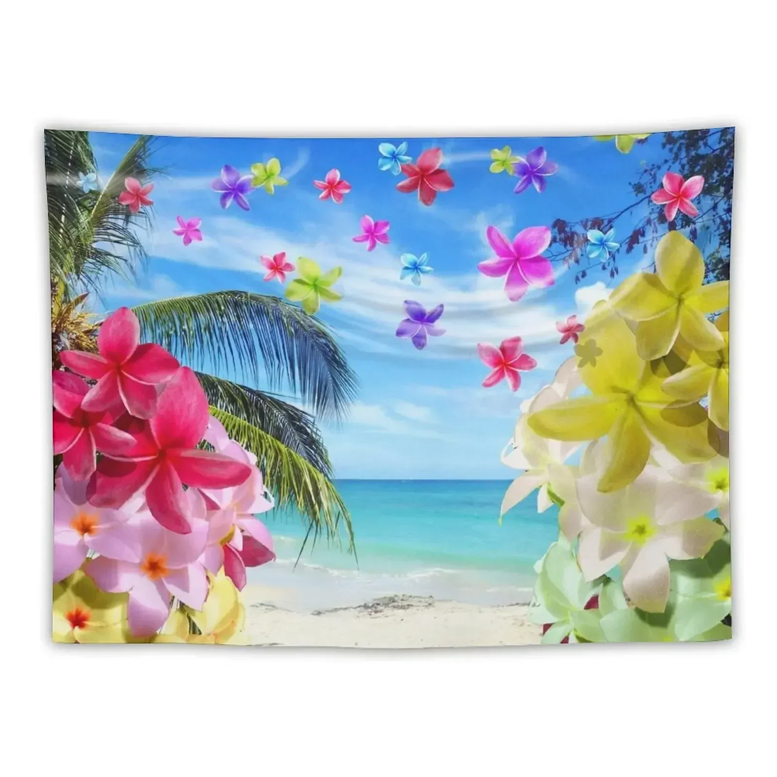 

Tropical Beach and Exotic Plumeria Flowers Tapestry Wall Tapestries Room Ornaments Tapestry