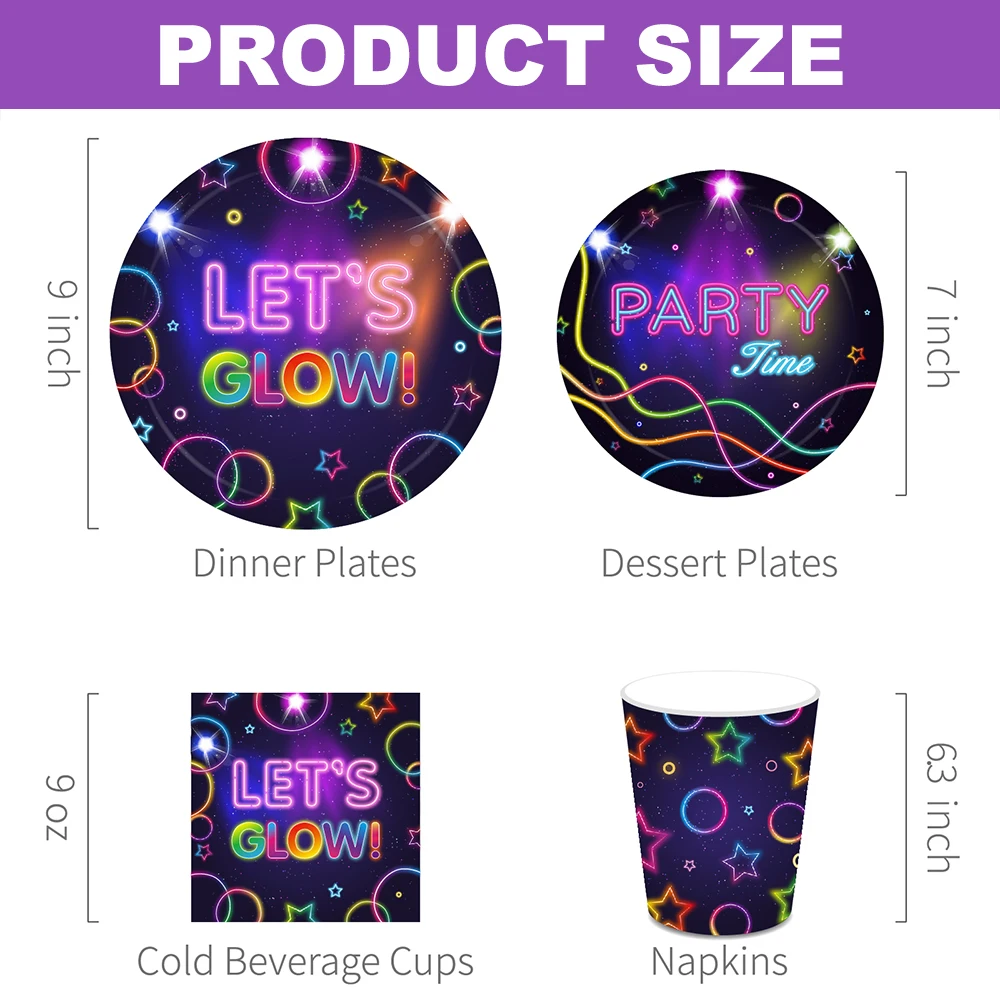 Let‘s Glow Party Tableware Cups Paper Plates Napkins Banner Balloons Neon Glow Themed Birthday Disco Party Decorations Supplies