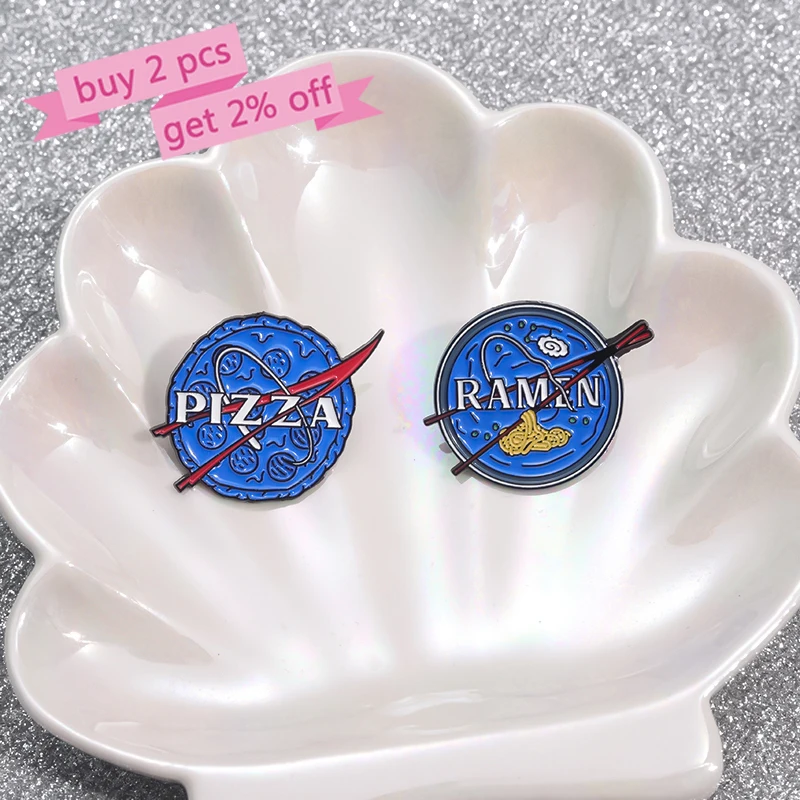 Space Astronaut Enamel Pins Custom RAMEN PIZZA Food Exploring Space Brooches Lapel Badges Punk Jewelry Gift for Friends