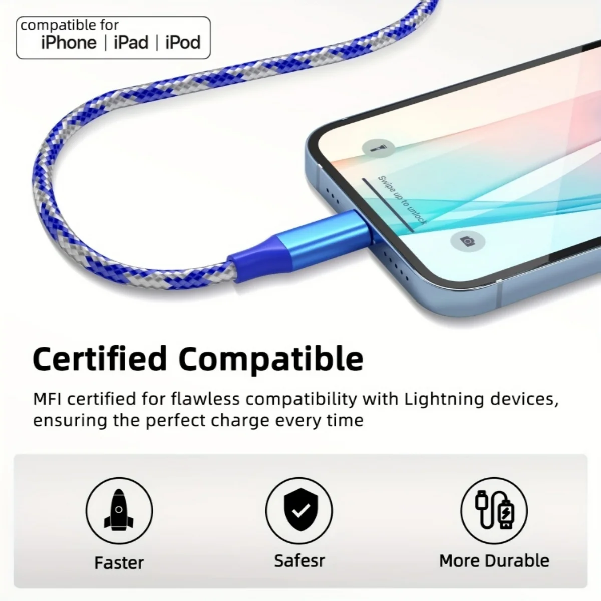 3pcs 10FT[MFi Certified]Nylon Braided USB-A to iphone Fast Charging Cable Compatible with IPhone 14/13/12/11/8/7/6/XR/iPad mini