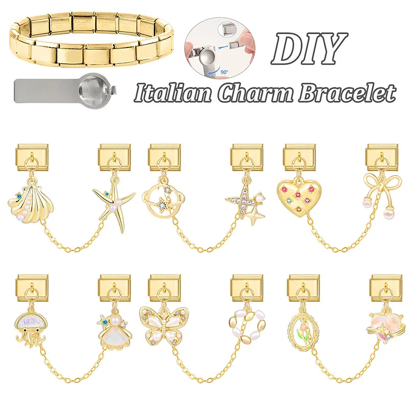Gold Farbe Rosa Herz Stern Kirsche Mond Kette Quaste Italienischen Charme Link Fit 9mm Edelstahl Armband Frauen DIY Machen geschenke – Detail 7