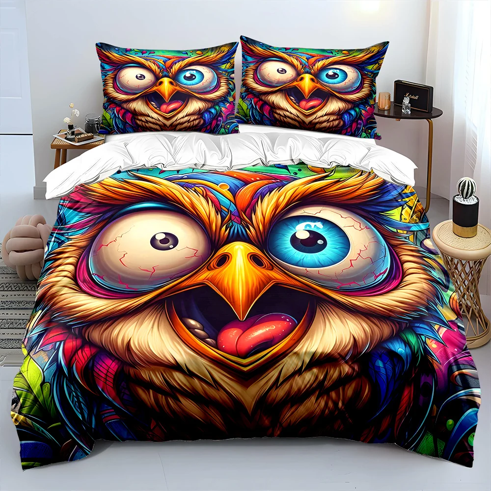 Colorful exaggerated owl art illustration Bedding Set for Kids Luxury Gift 3pcs Digital Print Comforter Set Soft Comfortable