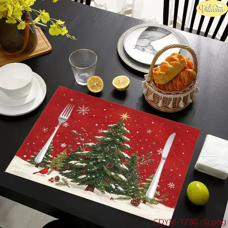 VIKAMA Christmas Placemats Red Fair Isle Knit Snowman Gingerbread Snowflake Washable Mat Winter Holiday Kitchen Decor