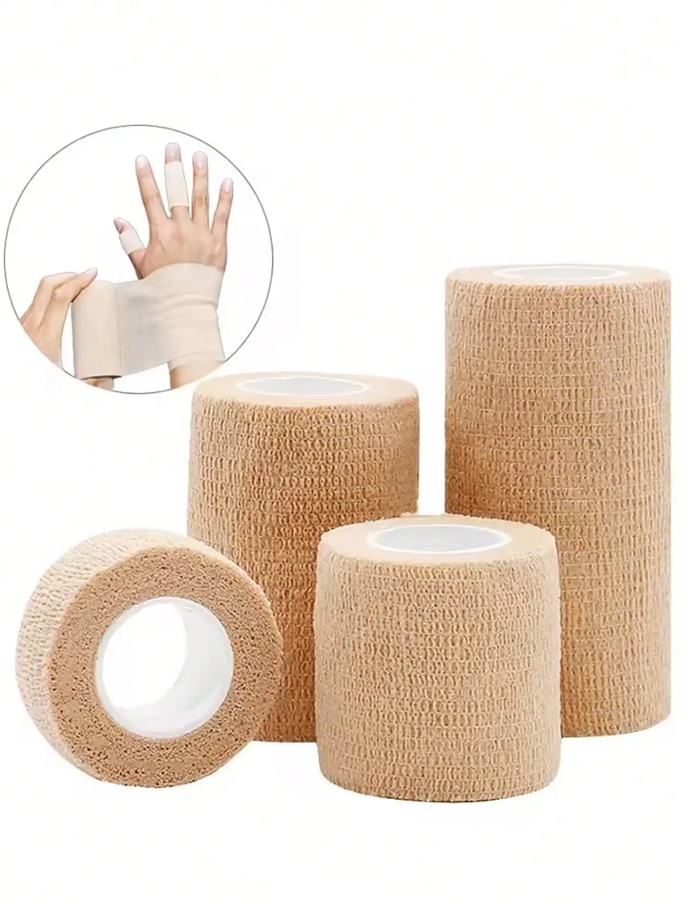 4 Rolls Elastic Self-Adhesive Bandages, breathable beige medical tape for fingers, wrists and ankles. Flexible and skin-friendly, ideal for sports protection and emergency first aid. Practical wound care & support supplies for home, outdoor activities