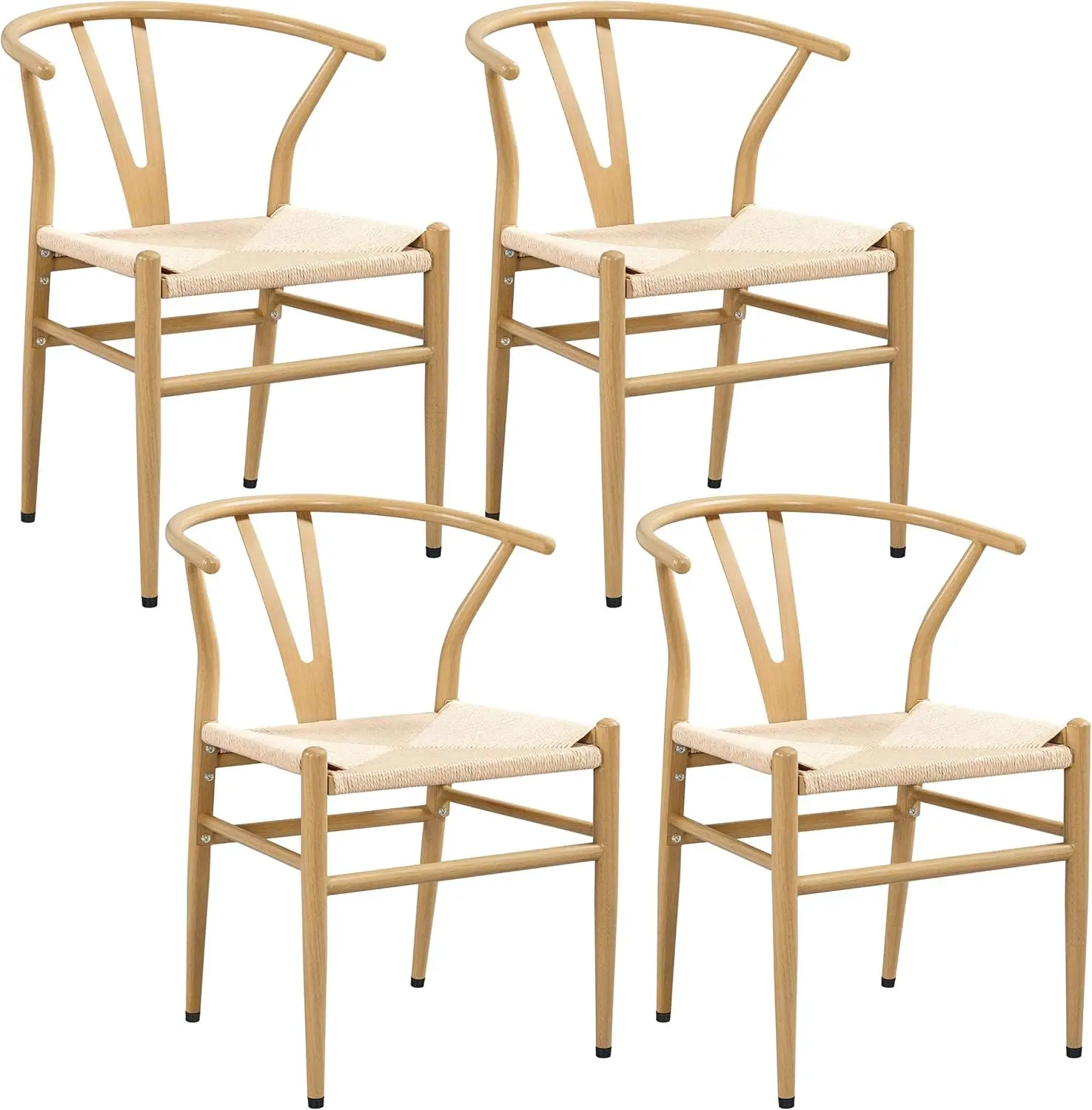 Set of 4 Weave Chair Mid-Century Metal Dining Chair Y-Shaped Backrest Hemp Seat, Wood Color