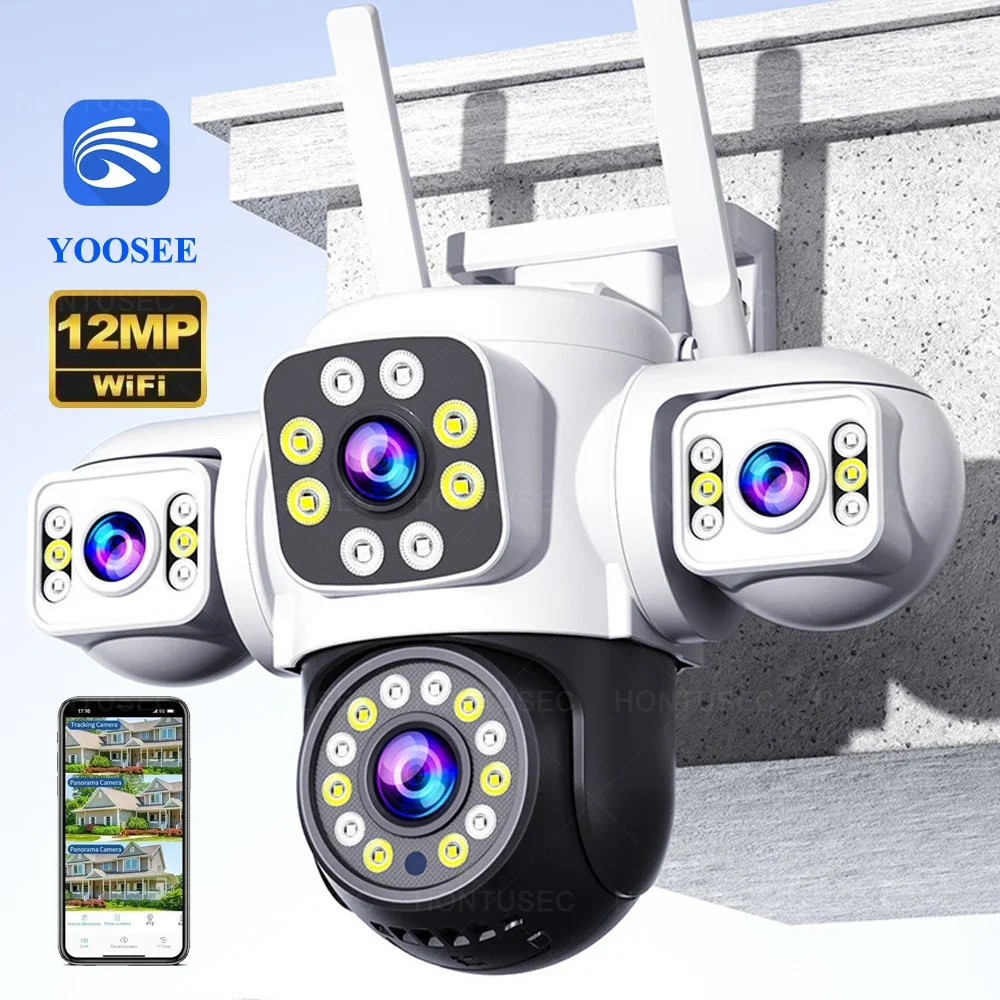 Yoosee 6K 12MP 3 Lens 3 Screens WiFi PTZ IP Camera Outdoor IP66 Waterproof Color Night Vision Two Way Audio Security Camera