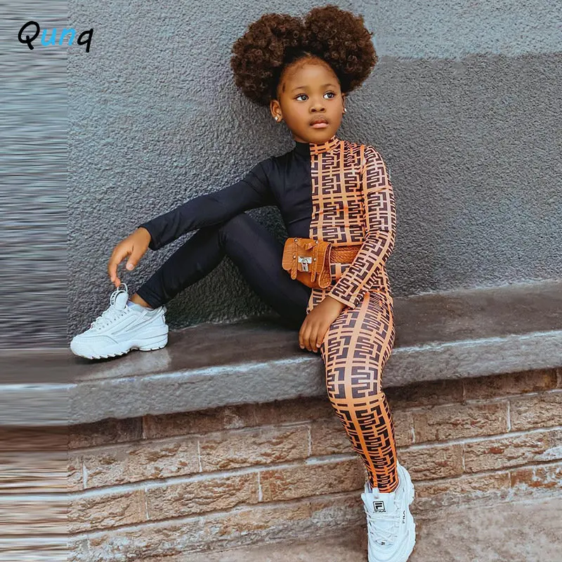 Qunq 2023 Summer New Girls Fashion Ins O Neck Long Sleeve Splice Color Print Slim Jumpsuit Casual Girls Kids Clothes  Age 3T-8T