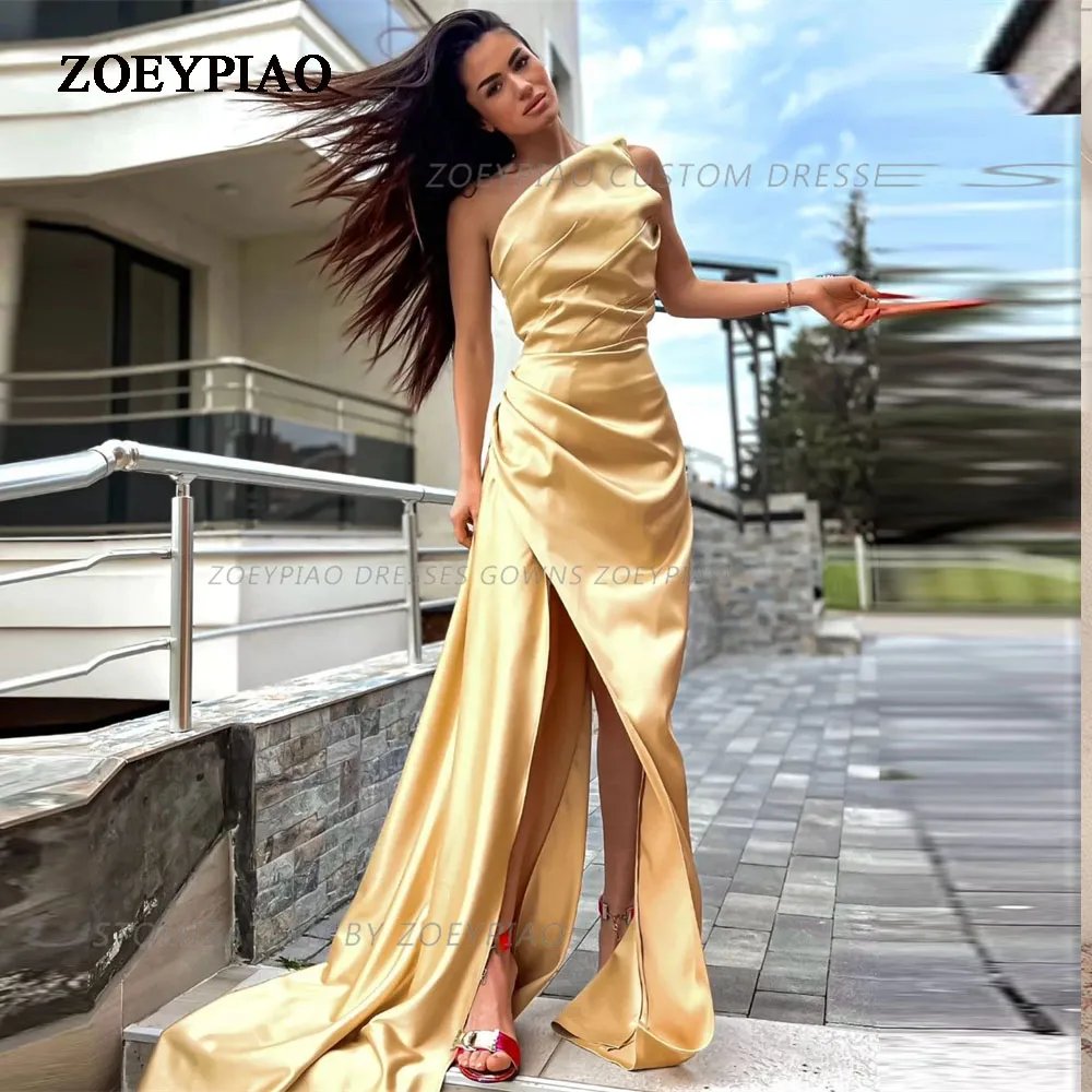 

Light Gold Side Slit Formal Evening Dresses Mermaid Satin Prom Gowns Long Sleeveless Pleat Wedding Party Dress Gala Arabic