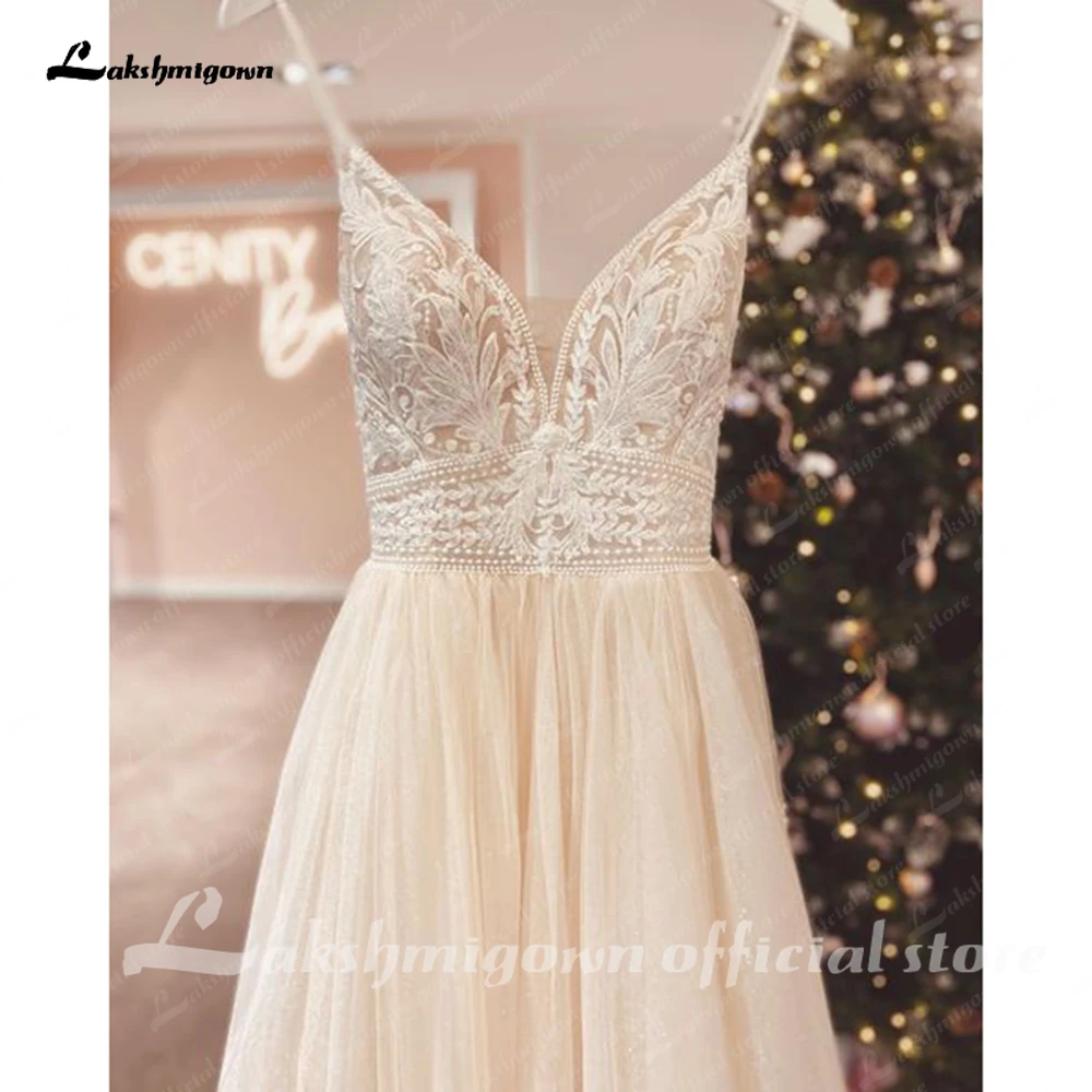 Lakshmigown Spaghetti Straps Champagne Boho Wedding Dress For Women Vestido Civil Bridal Customized Wedding Gowns suknie slubne