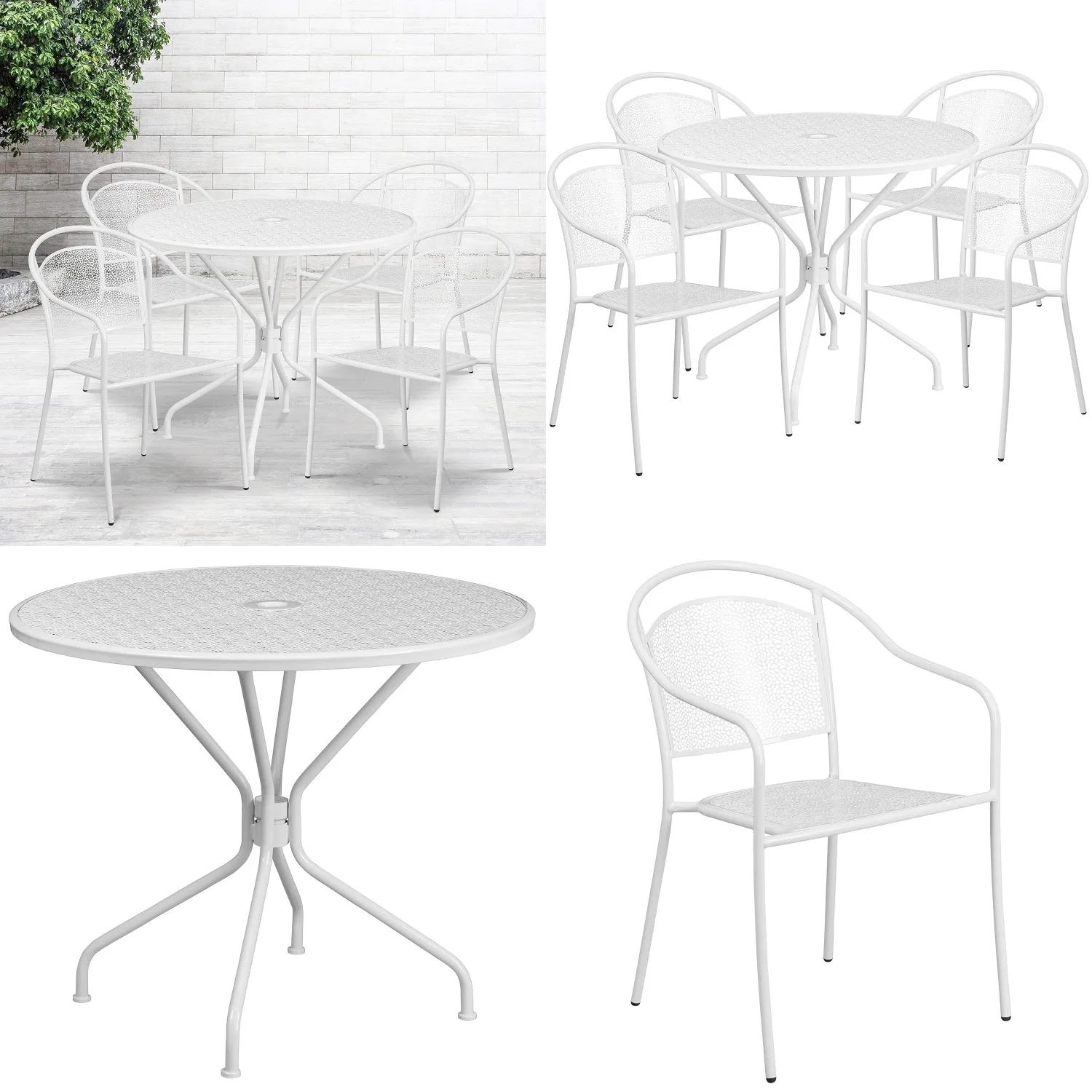 

Commercial 35" Round White Patio Table & 4 Chairs Outdoor Dining Set, Customized
