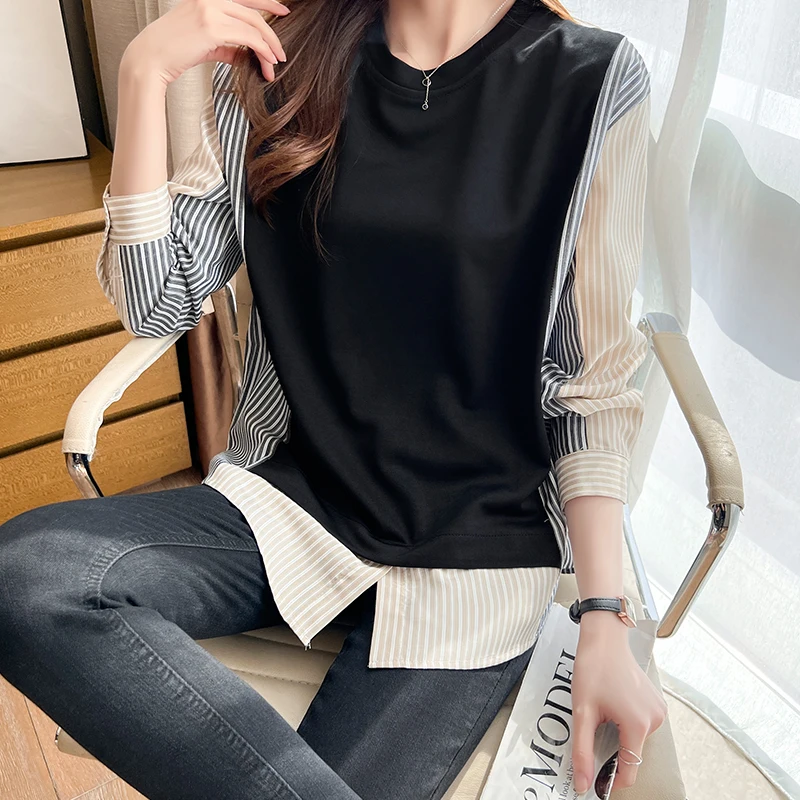 New Spring casual loose ladies shirts France style Women\'s Blouses fashion patchwork Tops Long Sleeve Shirts Blusas Mujer