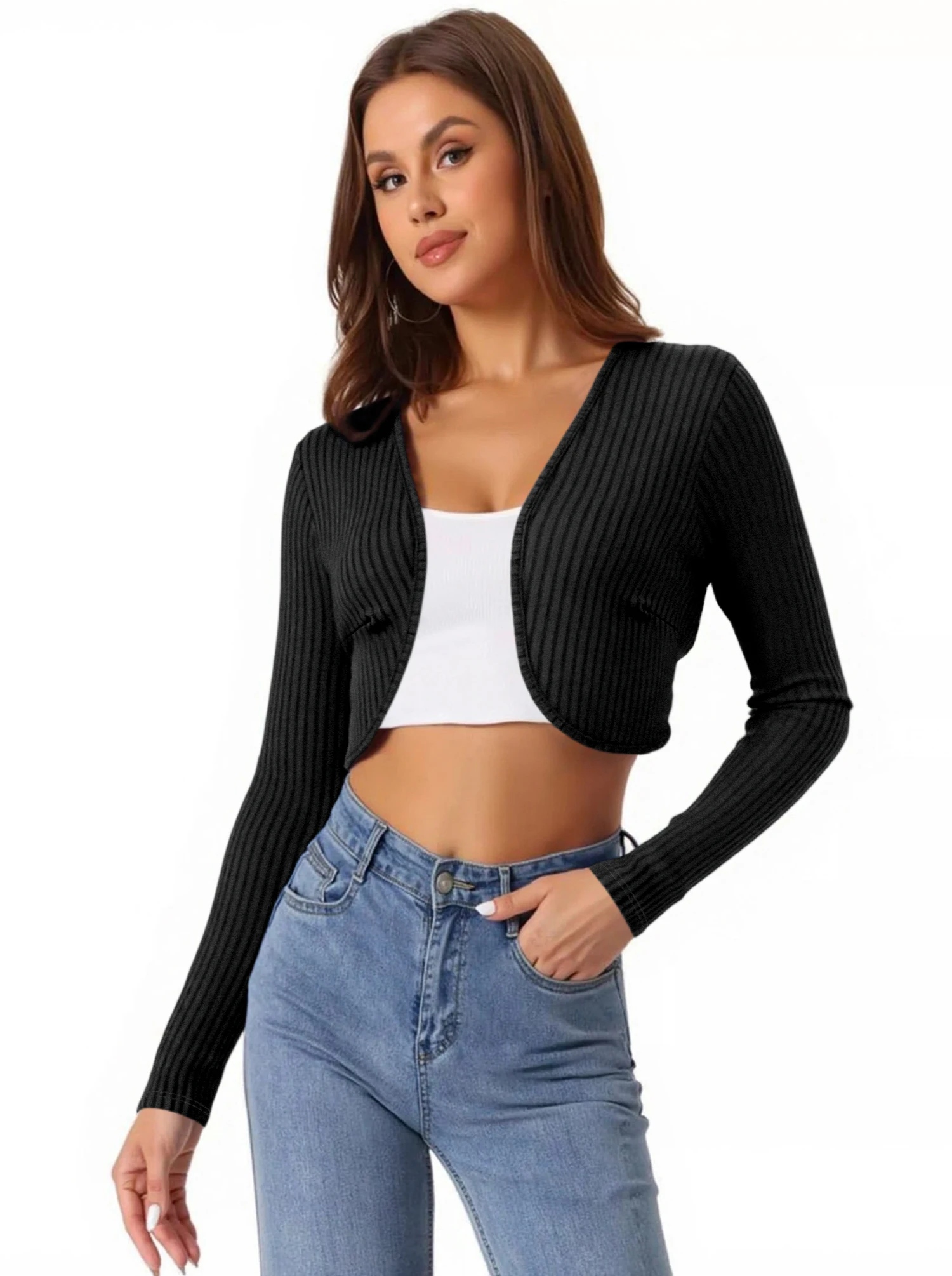 

Новый женский вязаный кардиган в рубчик с длинным рукавом, облегающий болеро, эластичный, с открытым животом, универсальная верхняя одежда 2026 года