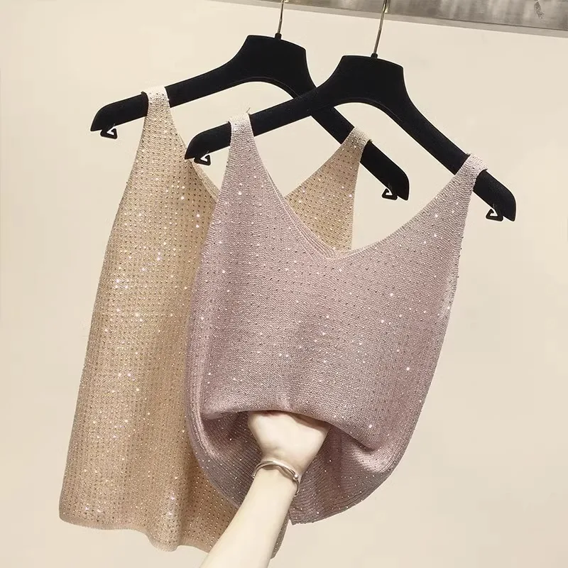 

iny Tead Strapl Vest Top Women's Summer Casual Straight Cut V-Ne Svel Inner Wear Brandl Commute Sle