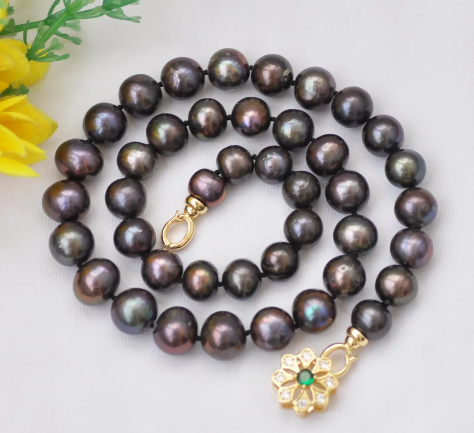 

Z13326 17"~24" 11mm Brown Black Round Freshwater Pearl Necklace Emerald CZ Custom Jewelry