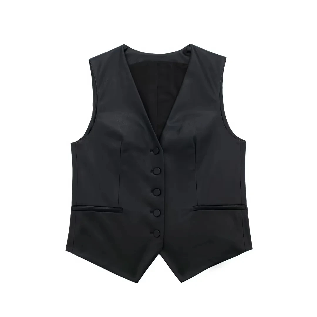 

TRAFZA 2024 Women Spring Summer Vintage PU Solid Vests Fashion Casual Single Breasted Black Sleeveless Elegant V Neck Coats