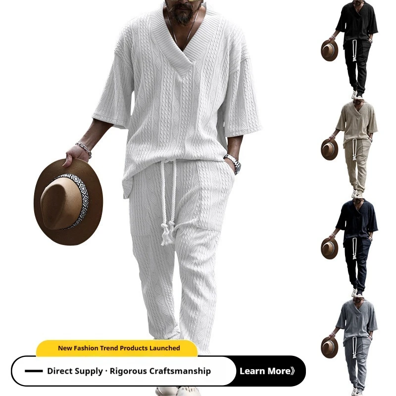 2026 New Mens Knit Shirt Pants Set Loose Seven Sleeve Jacquard Casual Spring Summer European American Style Matching Outfit Clot