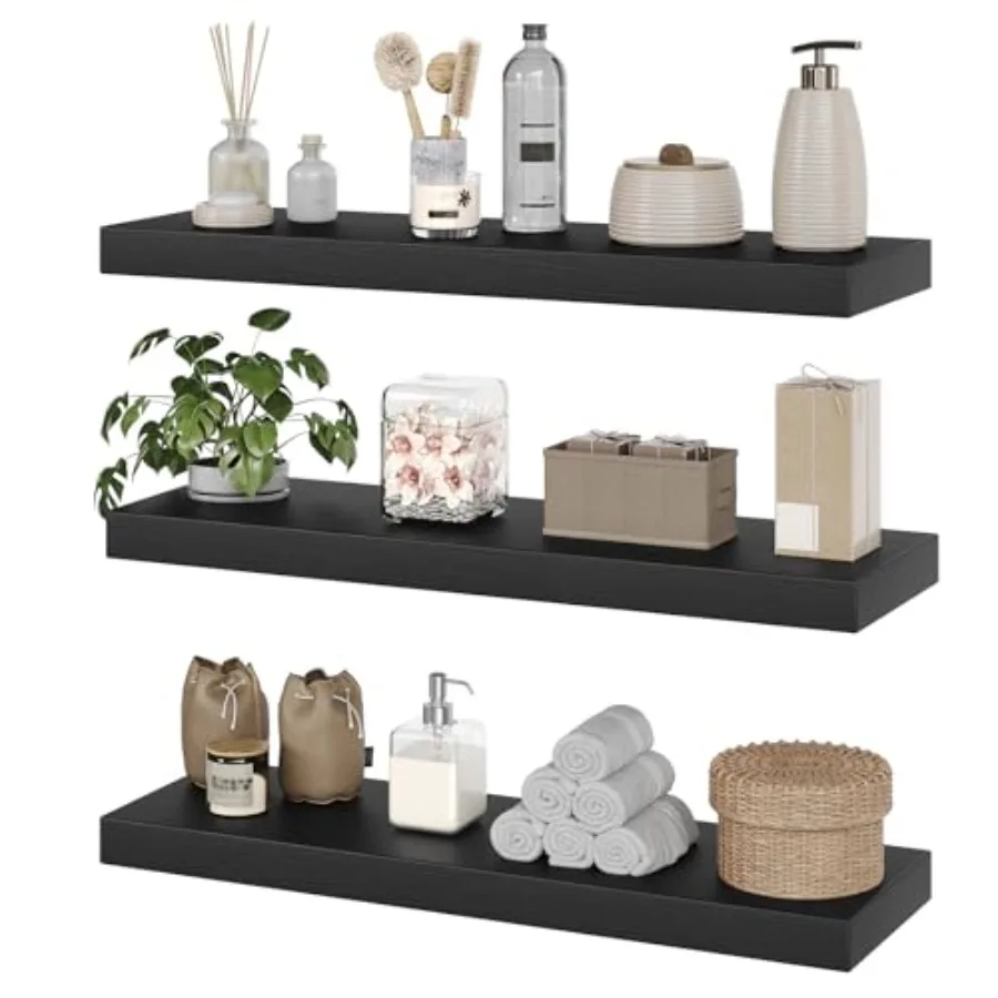 

Floating Wall Shelves Set of 3 1.5 Thick with Invisible Brackets 23.6L x 7.9W Black Farmhouse Style Home Decor for Bathroom Liv