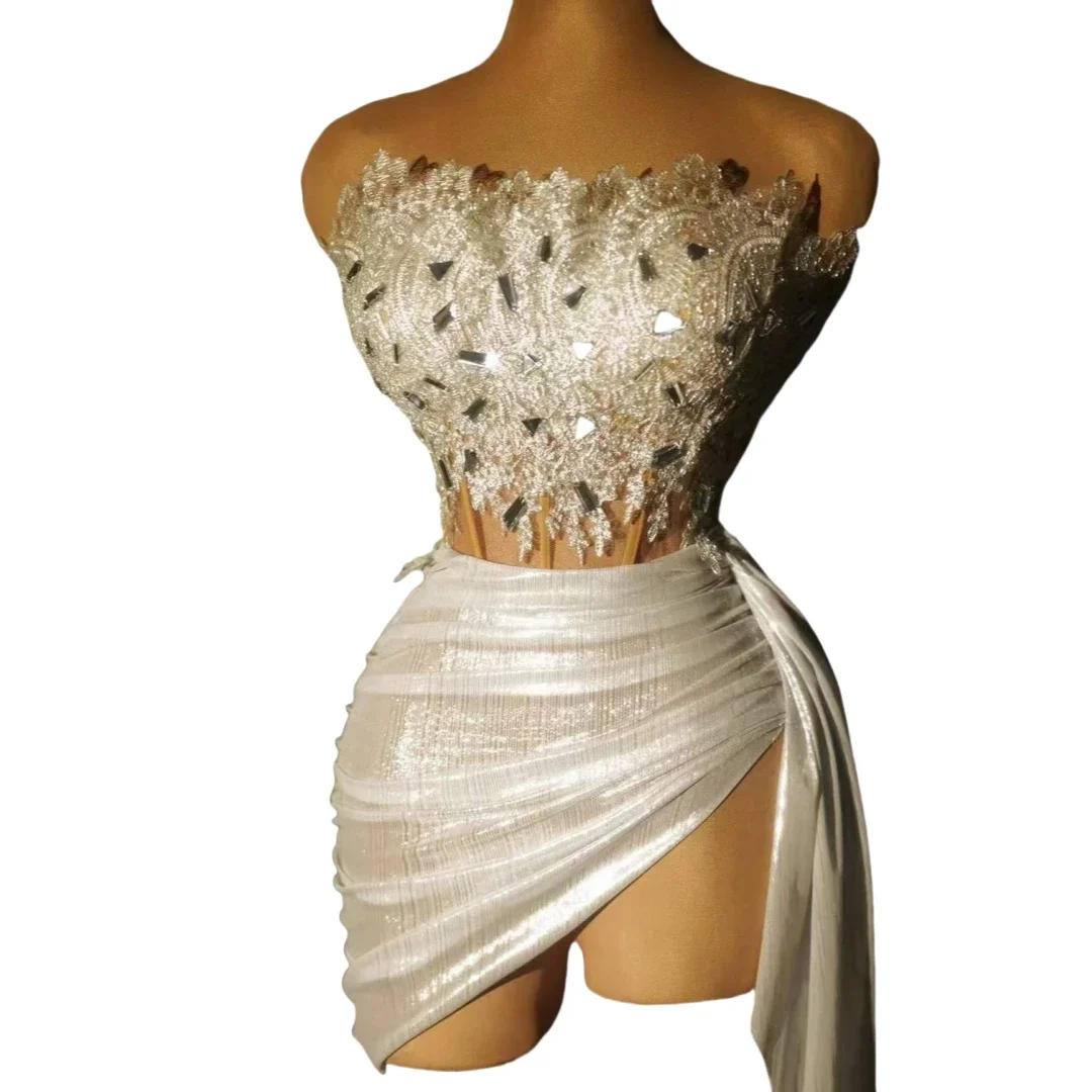 

Tie Straps White Dress For Women Dance Costume Sequin Luxury Drag Queen Outfits Carnival Celebrate Photography Clubwear Pageant