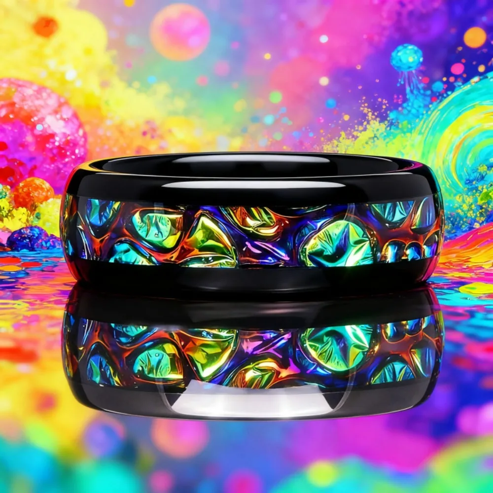 8MM Men Colorful Starry Sky Stainless Steel Rings Unique Black Wedding Band Couple Ring Jewelry Colored Marble Inlay Ring Gift