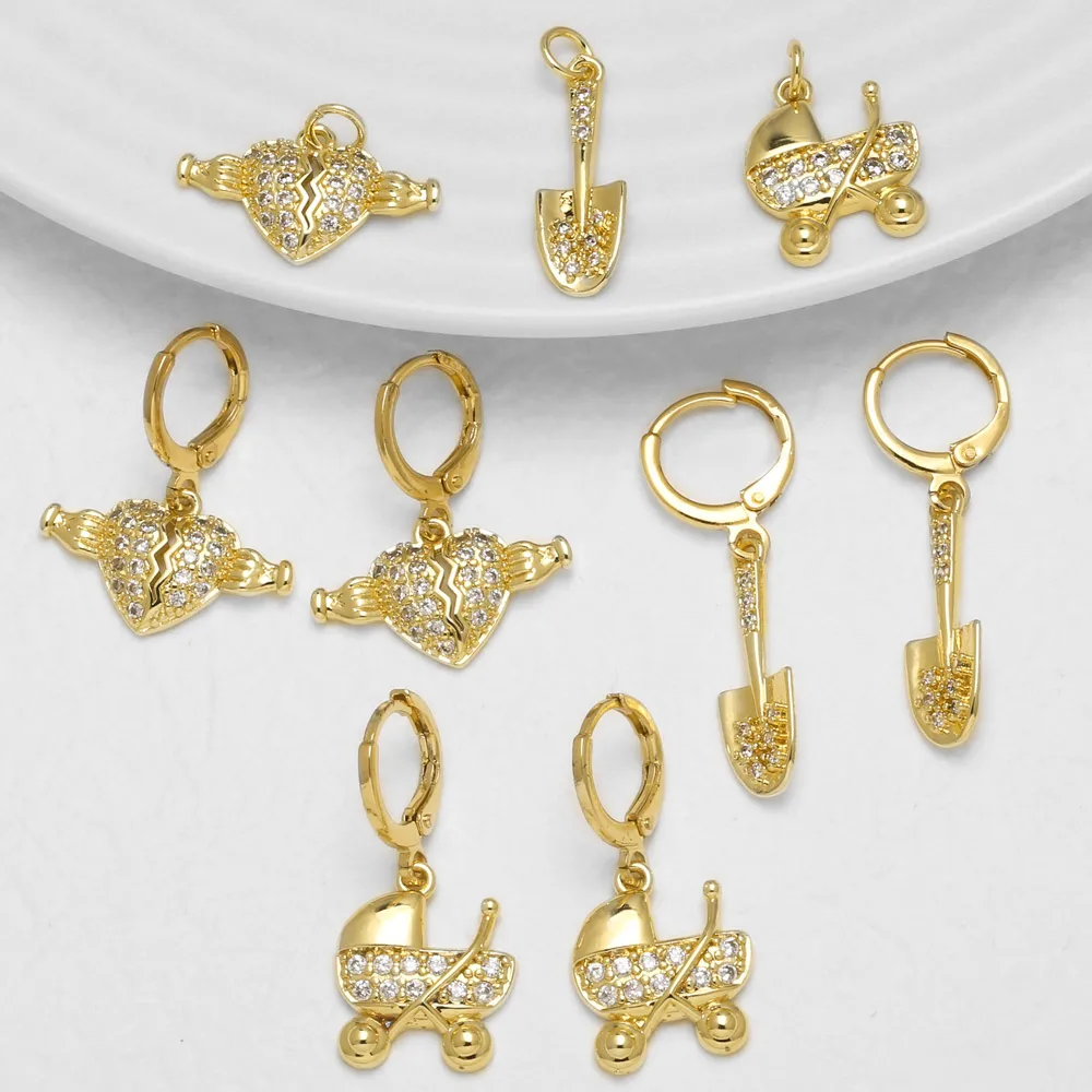 OCESRIO White Crystal Broken Heart Shovel Stroller Charm for Bracelet Copper Gold Plated Jewelry Making Component chma670
