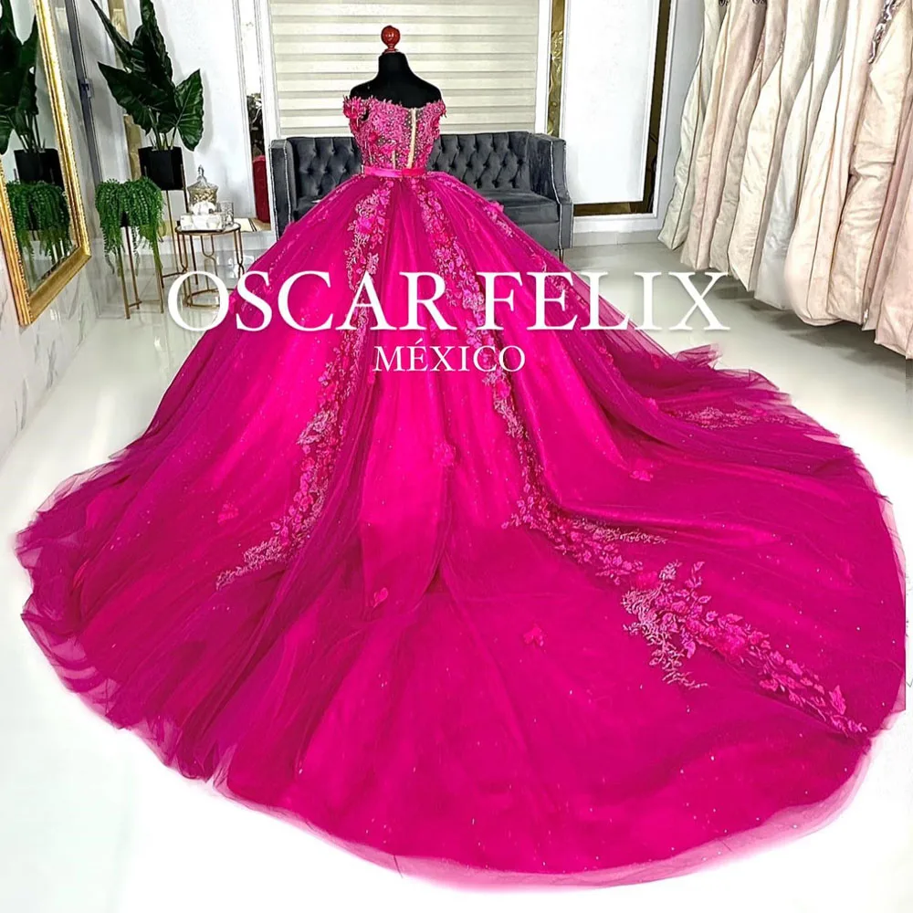 فساتين Quinceanera مزينة بالزهور باللون الفوشيا بدون أكتاف ورقبة على شكل حرف V مشد للحفلات الراقصة Vestidos De 15 Quinceañeras