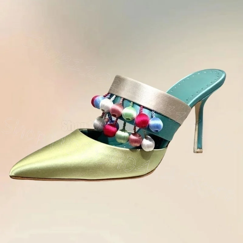 

Colorful Fur Ball Green Pointed Toe Slippers Slip On Women Shoes Thin High Heels Party Banquet Dating 2026 Zapatos Para Mujere