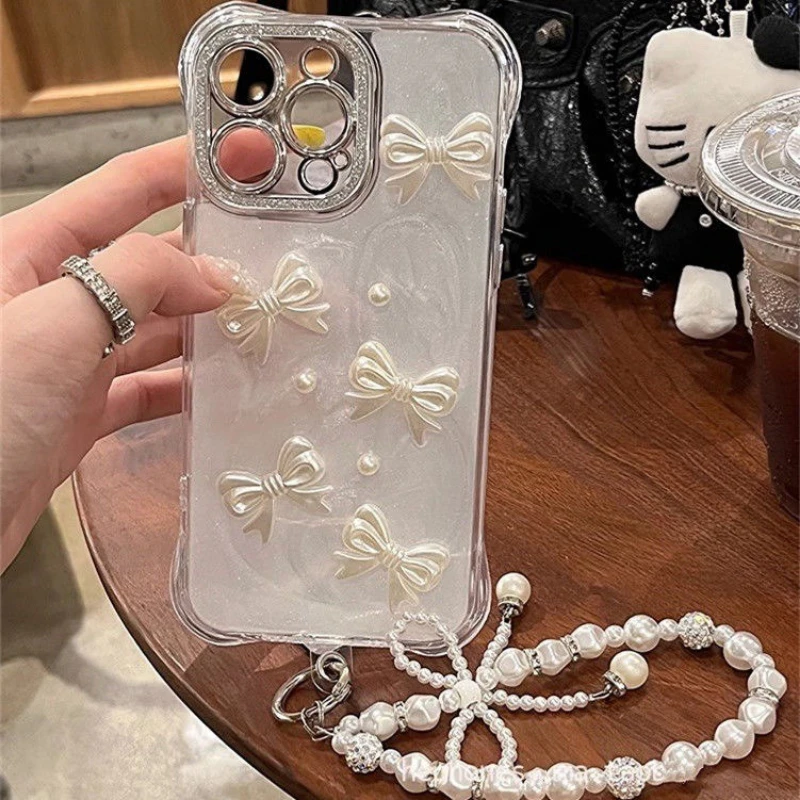 New Diamond-studded Pearl Bow Mobile Phone Chain Keychain Pendant Bag Anti-fall Chain Handmade Beaded Mobile Phone Pendant