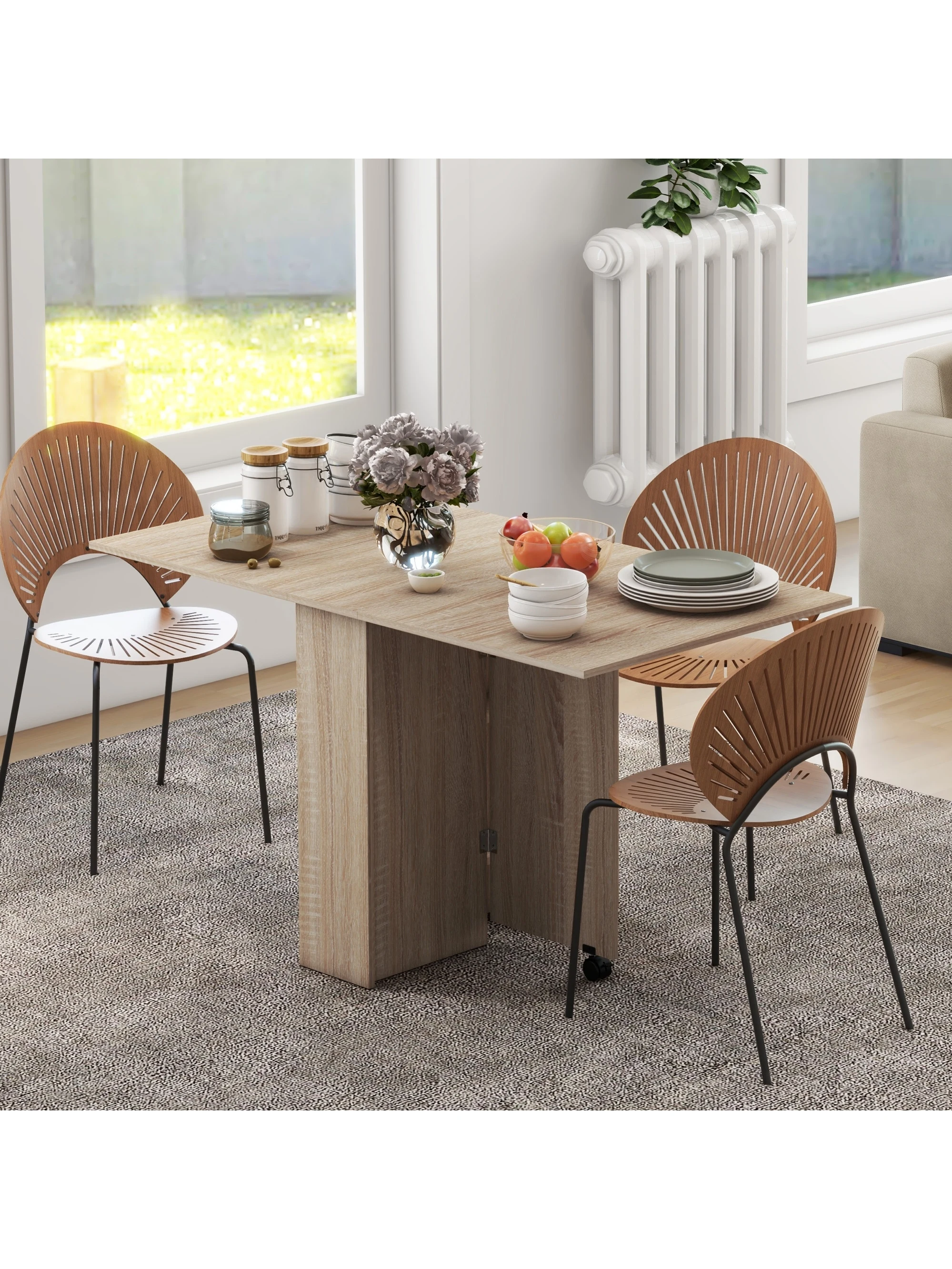 HOMCOM Mobile Drop Leaf Dining Table, Folding Desk with 2 Wheels, Natural