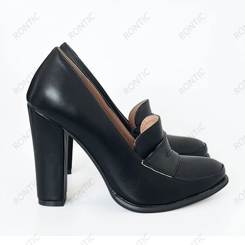 Rontic Handmade Women Spring Pumps Unisex Chunky High Heels Round Toe Pretty Black Party Shoes Ladies US Plus Size 5-20