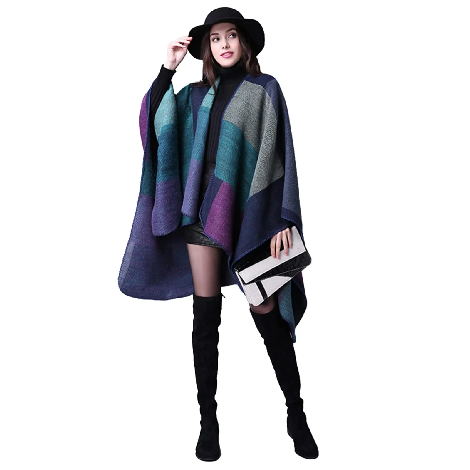 Manteau châle épais pour femme, grande taille, automne, Ponchos, bloc à carreaux, ouvert devant, pull, écharpe polaire, tenues de vacances