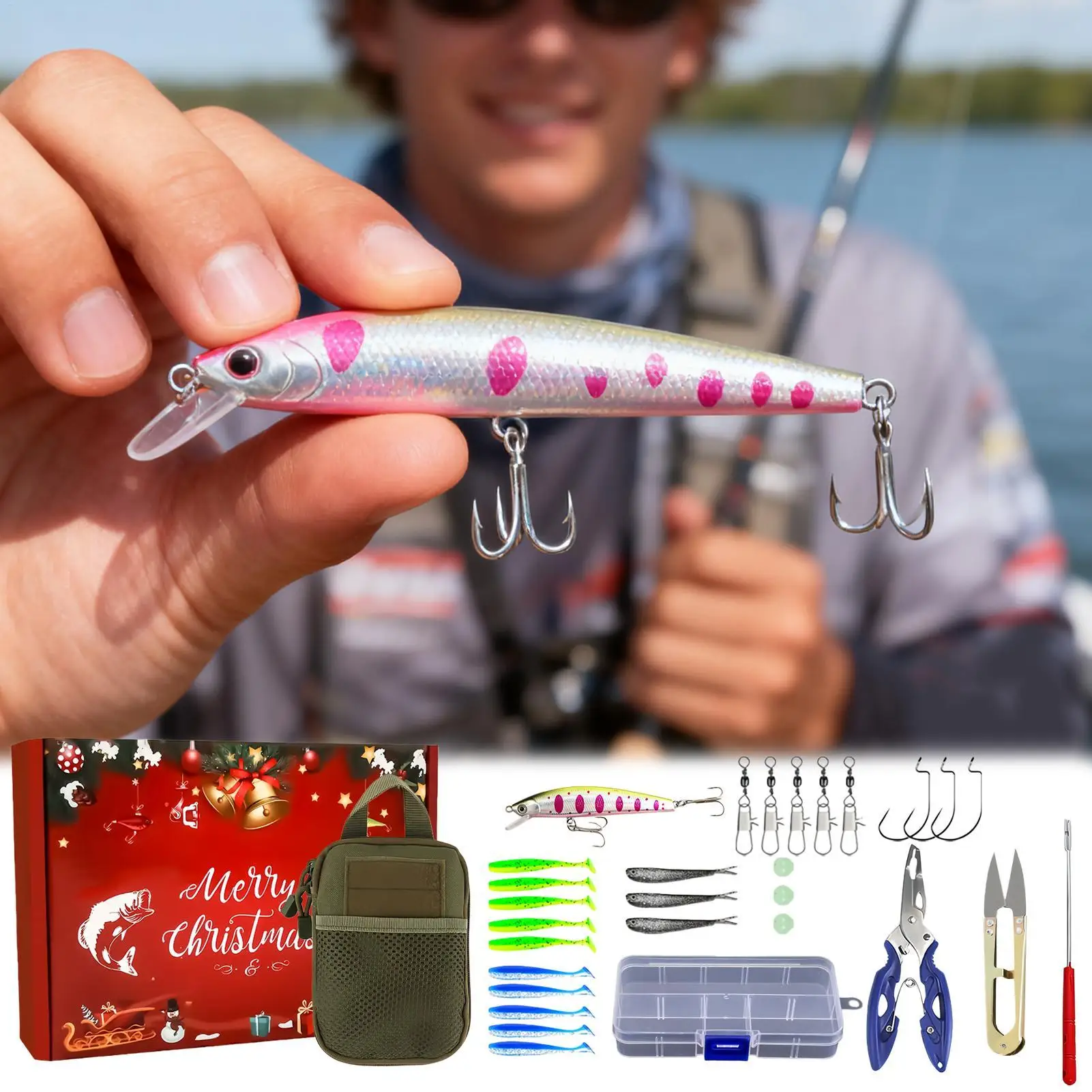 釣り餌セット-クリスマス釣り道具-人工ルアーキット-ホリデーシーズン用-ファミリーナイト-朝のキャンプ-屋外-川