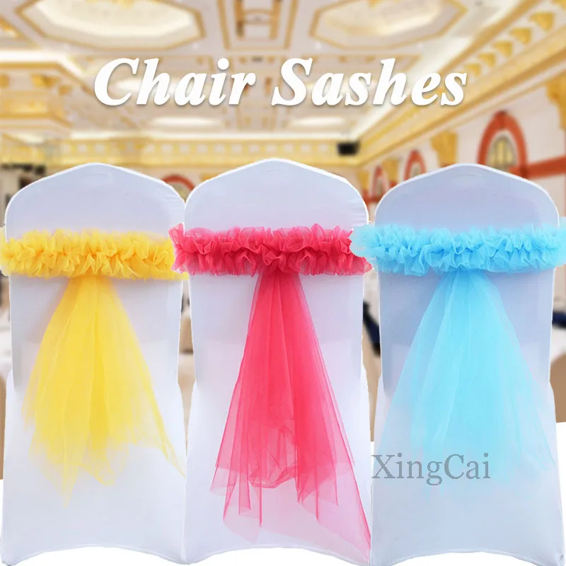 1Pcs Chair Sashes Wave Flod Flower Gauze Yarn Knot Belt Tie Bow For Hotel Wedding Events Banquet Birthday Party Home Decorations