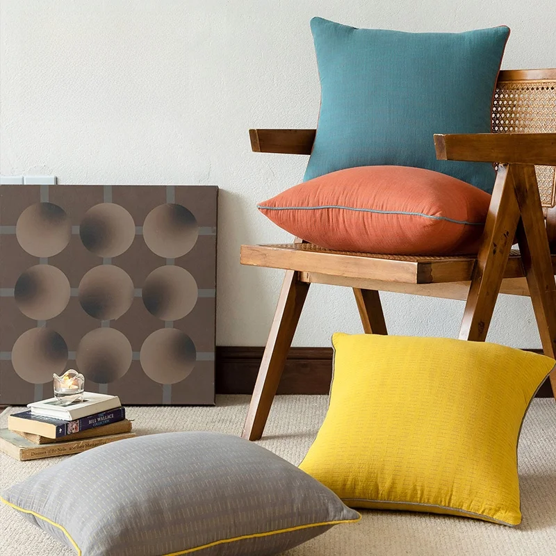 Japanese Style Pure Cotton Pillowcase with Core Sample Room Bedside Pillow Home Decorative Cushion Square Shape Living Room