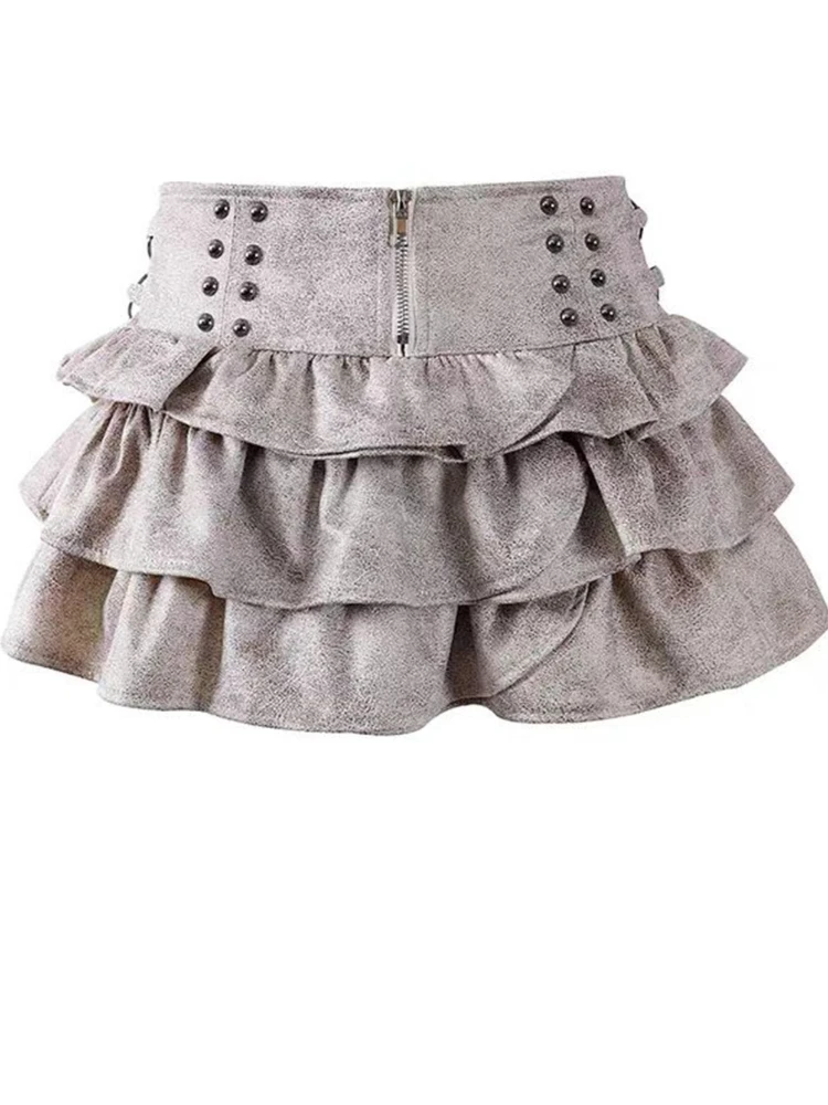 الموضة الفرنسية Y2K خمر الجلد المدبوغ رصع تنورة صغيرة المرأة الخريف الشتاء الرجعية الجرونج نفخة كعكة تنورة تصميم تحسس تنورة قصيرة #6