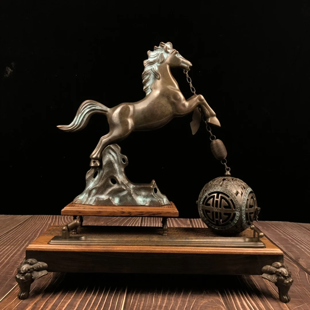 Old Brass Jumping Horse Statue Successful horse Spherical incense burner Mountain base Wenfang screen  Amass wealth Town house