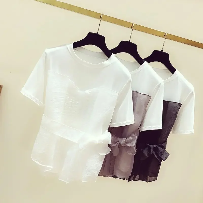 Neplo 2024 Summer Korea Femme Casual Fake Two-Piece Top Elegant Simple O-Neck Tees Mesh Bandage Slim Waist Short Sleeve T-Shirts