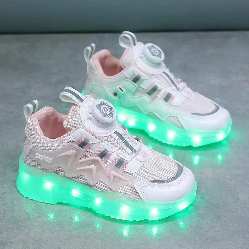 New Rotating button charging colorful luminous shoes sports bright light shoes children\'s shoes boys and girls luminous shoes