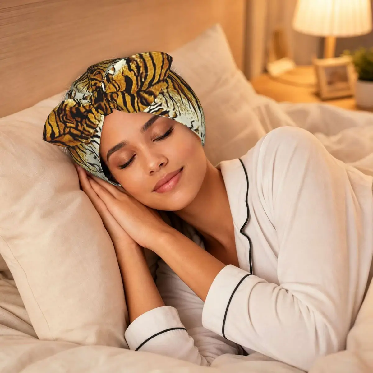 Tiger Sleep Bonnet Double Layer with Adjustable Bow, Reversible Hair Cap for Curly Braids Hair
