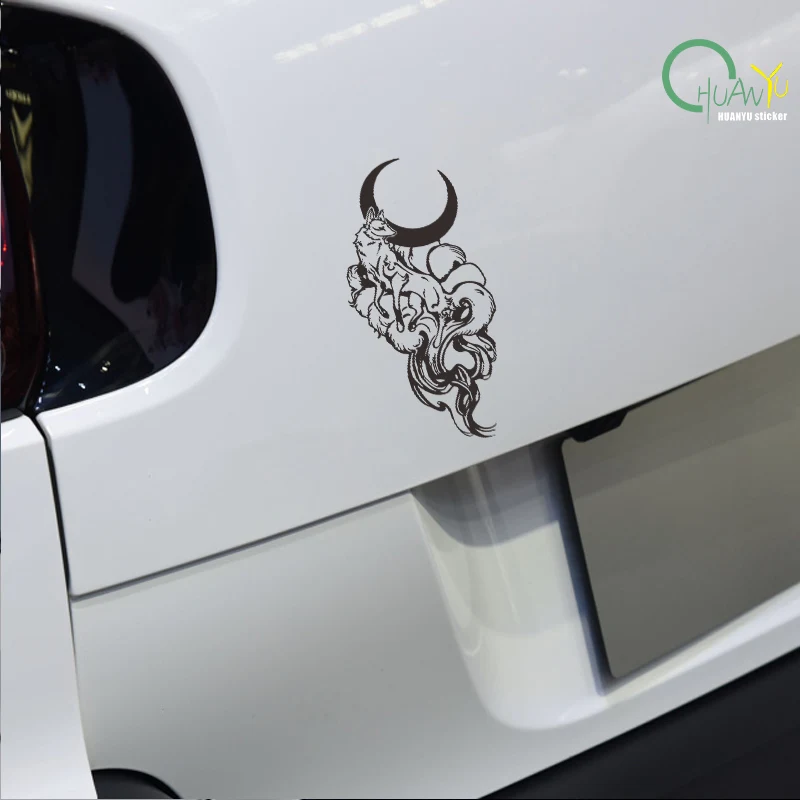 Crescent moon nine-tailed fox car sticker; waterproof scratch-resistant decorative car decal for rear end