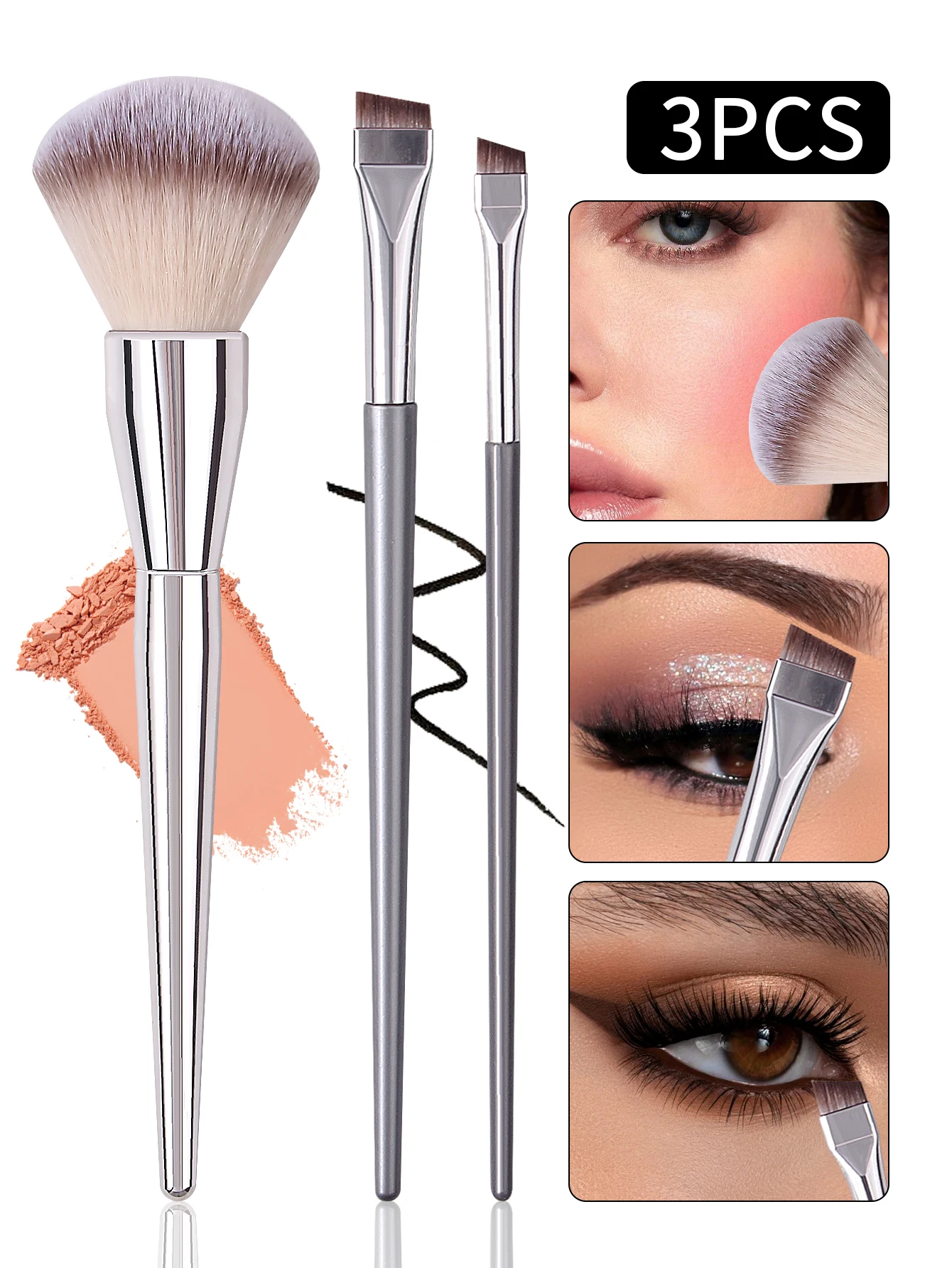 3 pçs prata mini conjunto escova em forma de flor blush escova + dois pincéis de delineador em forma de faca ultra-fino de diferentes tamanhos