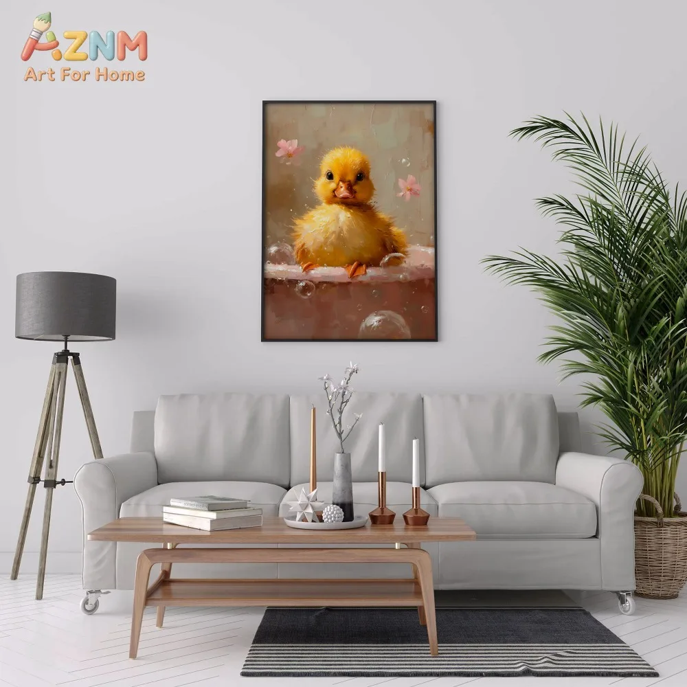 AZNM Vintage Watercolor Little Yellow Duck With Straw Hat Canvas Print Neutral Rustic Farm Animal Cute Kids Nursery Bedroom Wall