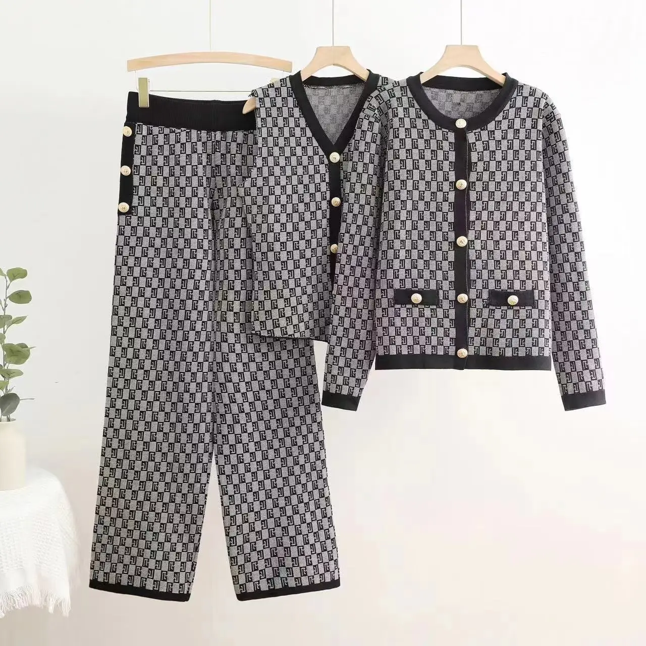Spring and Summer Fashion New Button Versatile Slimming and Wide Leg Trend V-neck Vest Cardigan Knitted Three Piece Set