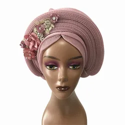 New Style Nigerian Mesh Gele Headtie Aso Oke Gele Already Made Auto Gele Headtie African Turban Cap with Beads D425-2