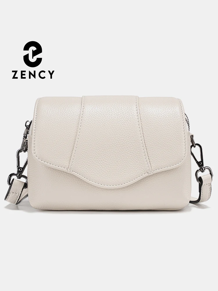 Zency Skórzana torebka crossbody z prawdziwej skóry bydlęcej dla kobiet, prosta, wielokomorowa torba na ramię, listonoszka ze skóry bydlęcej, morelowa, beżowa, szara.